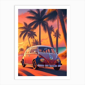 Retro Car At Beach With Sunset Art Print