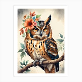 Owl With Flowers 2 Art Print