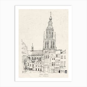 Breda Great Church Netherlands Art Print - Hand-Drawn Pen & Ink Cityscape - Dutch Wall Art, Holland Travel Art, Dutch Gifts Art Print