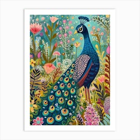 Floral Folky Peacock In The Meadow 3 Art Print