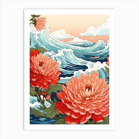 Great Wave With Zinnia Flower Drawing In The Style Of Ukiyo E 2 Art Print