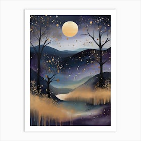 Cosmic Fall Night،
An ethereal boho painting that captures the beauty of a fall night sky. The background is a deep navy, speckled with tiny stars, while the foreground features silhouettes of autumn trees in shades of charcoal and dark olive. The moon is painted in a glowing silver, surrounded by soft wisps of mist in pale gold and lavender.
.1 Art Print