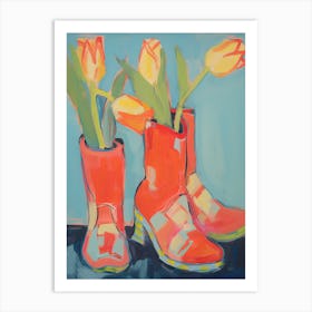 Painting Of Tulips Flowers And Cowboy Boots, Oil Style 2 Art Print