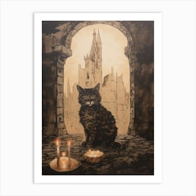 Cat & Candles Sat In Medieval Archway Art Print