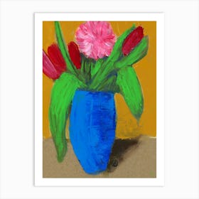 Floral In Blue Vase - flowers orange blue green hand painted vertical Art Print