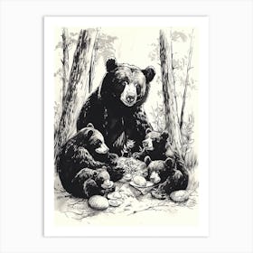 Malayan Sun Bear Family Picnicking Ink Illustration The Woods Ink Illustration 2 Art Print