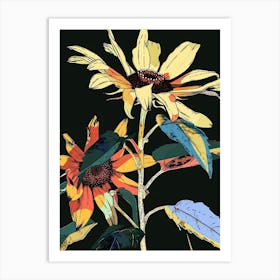 Neon Flowers On Black Sunflower 3 Art Print
