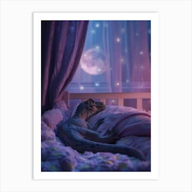 Toy Lilac Dinosaur Snoozing In Bed Art Print