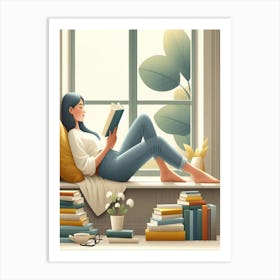 Girl Reading Book On Window Sill Art Print