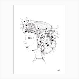 Black and White Pixie with Flowers Art Print