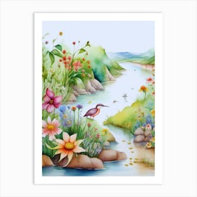 Watercolor Of Flowers And Birds Art Print