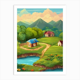 Illustration Of A Rural Landscape Wall Art For Living Room Art Print