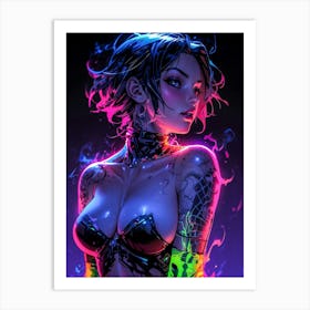 Darkly beautiful, a goth queen adorned in neon tattoos — she's the epitome of fantasy in cyberpunk artistry. Art Print