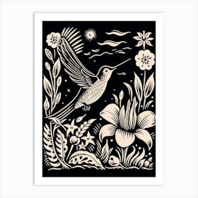 B&W Bird Linocut Hummingbird 6 Art Print