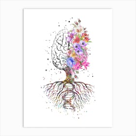 Brain Tree Watercolor With Flowers DNA Rot Art Print