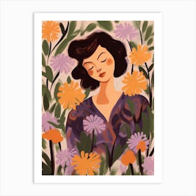 Woman With Autumnal Flowers Lilac Art Print