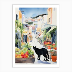 Food Market With Cats In Santorini 1 Watercolour Art Print