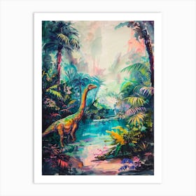 Dinosaur By The River Landscape Painting 3 Art Print