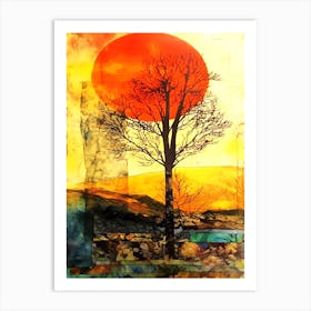 Red Sun Autumn - Sunset Tree Art Print