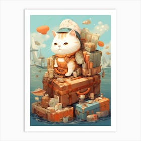 Kawaii Cat Drawings Traveling 2 Art Print