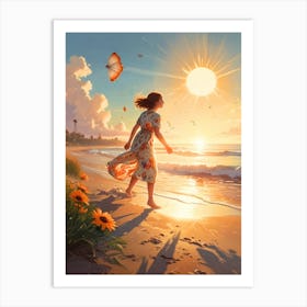 Girl Walking On The Beach Art Print