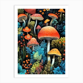 Mushrooms In The Forest nature illustration 2 Art Print