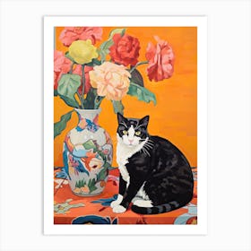 Peony Flower Vase And A Cat, A Painting In The Style Of Matisse 1 Art Print