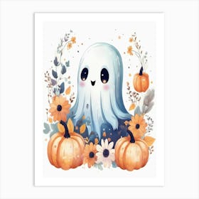 watercolour Ghost With Pumpkins Art Print