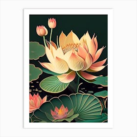 Lotus Flower In Garden Retro Illustration 3 Art Print