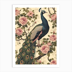 Cream Floral Vintage Peacock Wallpaper Inspired 3 Art Print