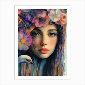 Beautiful Female Portrait With Flowers And Vibrant Color Art Print