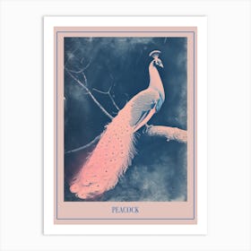 Blue & Pink Peacock On A Tree 2 Poster Art Print