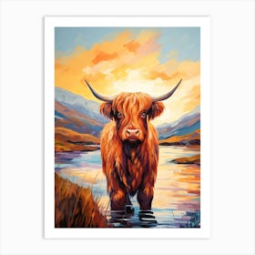 Impressionism Style Painting Of A Highland Cattle In The River 3 Art Print