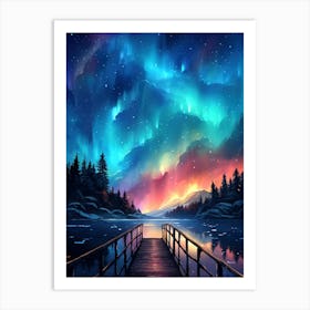 Aurora Borealis above Lake and Trees Art Print