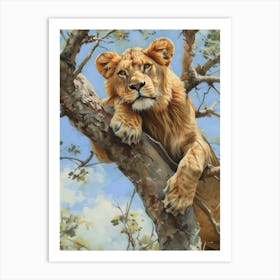 Barbary Lion Climbing A Tree Acrylic Painting 2 Art Print