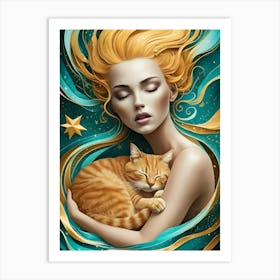 Cat And Girl Art Print