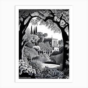 Generalife Gardens, 1, Spain Linocut Black And White Vintage Art Print