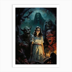 Showcasing A Startling Array Of Vintage Horror Art The Scene Unveils A Chaotic Amalgamation Of Thri (5) Art Print