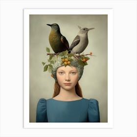 Birds On A Girl'S Head Art Print