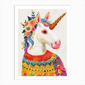 Unicorn In A Knitted Jumper Rainbow Floral Painting 1 Art Print