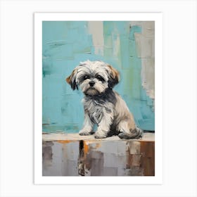 Shih Tzu Dog, Painting In Light Teal And Brown 1 Art Print