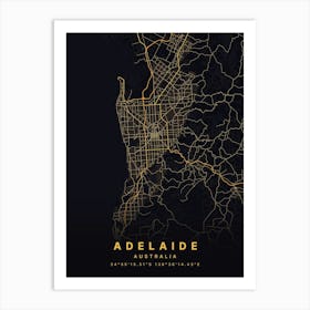 Adelaide Australia Black And Gold Map Art Print