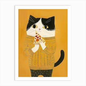 Happy Black And White Cat Eating Pizza Folk Illustration 1 Art Print