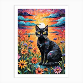 He Must be a Wildflower - Beautiful Rainbow Mosiac of Whimsical Black Cat Watching the Sun Set Whimsy Kitty Art for Cat Lover, Cat Lady, Chakra Pride Pagan Witch Colorful HD Art Print