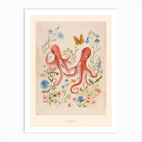 Folksy Floral Animal Drawing Octopus 3 Poster Art Print