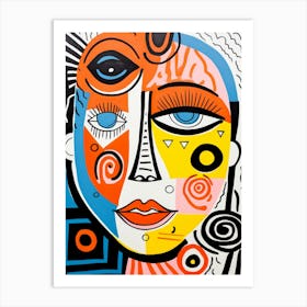 Colourful Linocut Inspired Face Illustration 4 Art Print