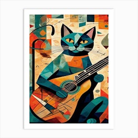 Blue Cat Playing Guitar Inspired by Picasso Art Print