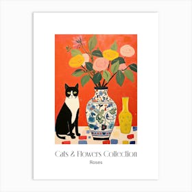 Cats & Flowers Collection Rose Flower Vase And A Cat, A Painting In The Style Of Matisse 0 Art Print