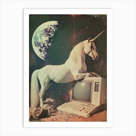 Retro Unicorn In Space With A Computer Retro Collage 1 Art Print