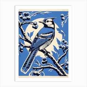 Vintage Bird Linocut Blue Jay 3 Art Print